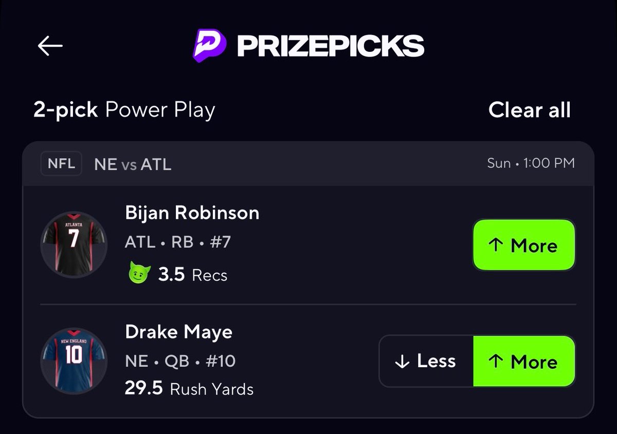 We went 3-0 last week <a href="/PrizePicks/">PrizePicks</a>, let’s go 2-0 today!

🏃Drake Maye MORE THAN 30.5 RUSH YARDS

👐Bijan Robinson MORE THAN 3.5 CATCHES

Sign up at prizepicks.onelink.me/LME0/CLNS and use code CLNS to get $50 in lineups after your first $5 lineup! <a href="/PatriotsCLNS/">Patriots on CLNS</a>