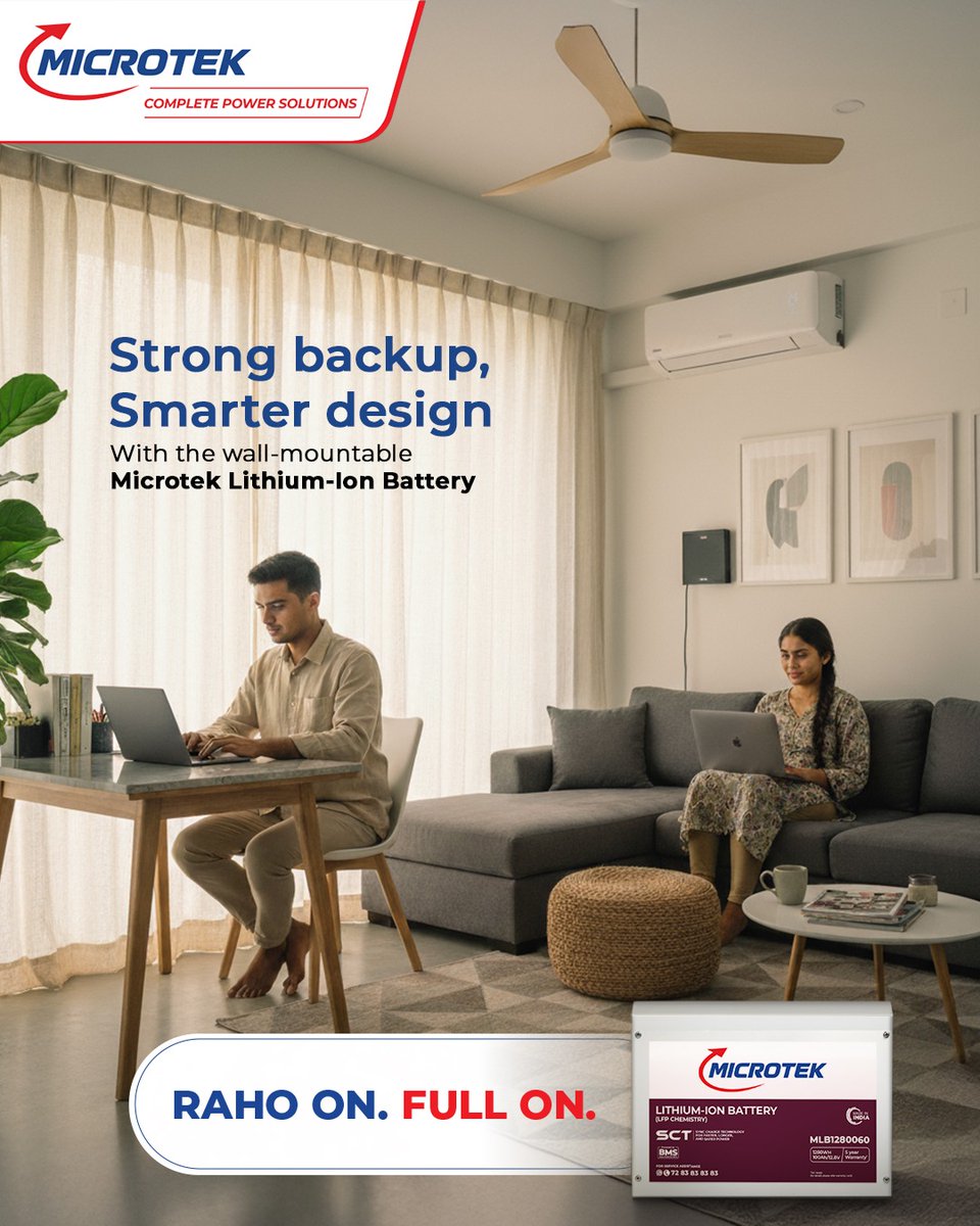 MicrotekOfcl's tweet image. Why wait to get powered up when you can stay ON for longer? The Microtek Lithium-Ion Battery charges faster and delivers extended backup, so your power stays uninterrupted, no matter how long the day runs.

#Microtek #RahoOnFullOn #LithiumIonBattery