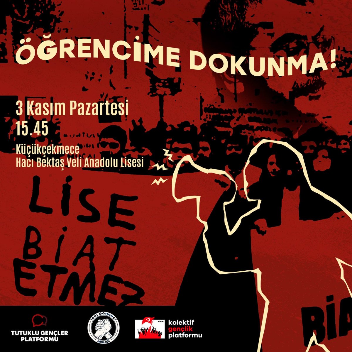 29 Ekim Cumhuriyet Bayramı kutlamalarında, Atatürk posteri ve Türk bayrağının yanına Cumhurbaşkanı Erdoğan’ın posterinin asılmasına karşı çıkan, bu dayatmaya sessiz kalmayan 6 arkadaşımız “Erdoğan posterini indirdiler” gerekçesiyle okul yönetimi tarafından cezalandırıldı.