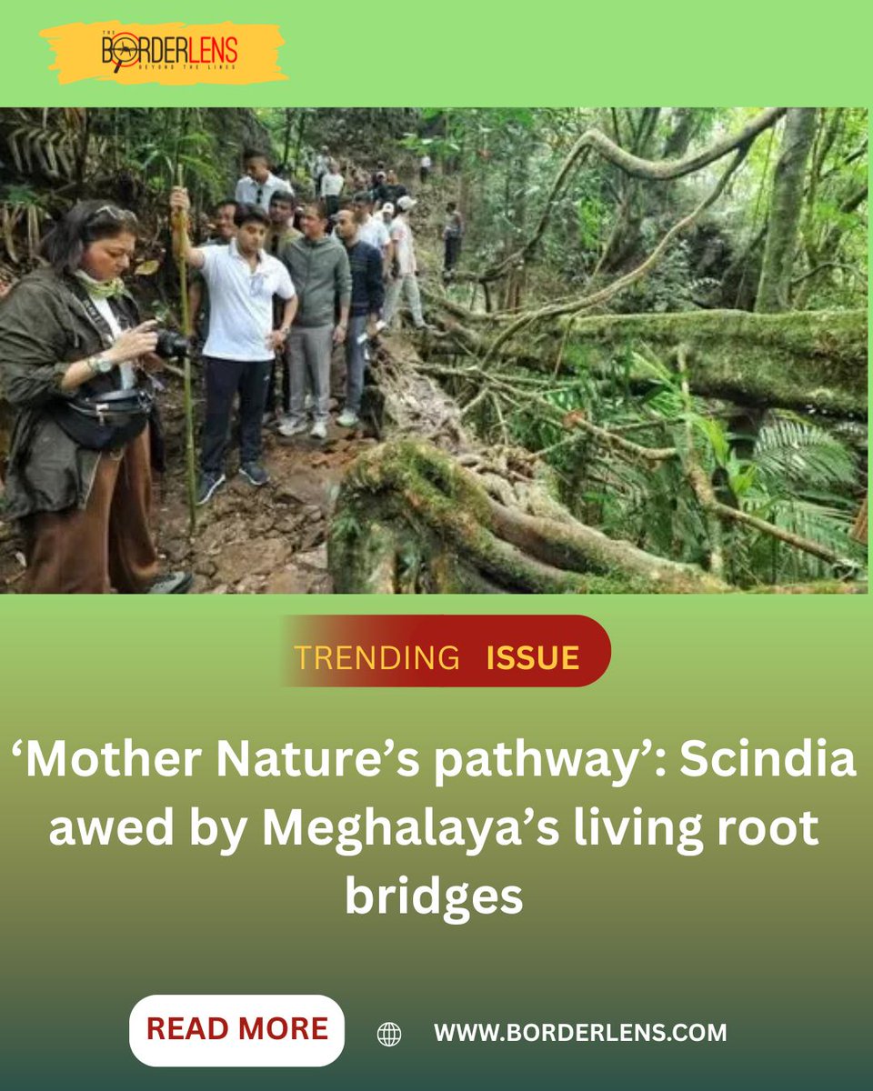 theborderlens's tweet photo. 🌿 “Mother Nature’s pathway,” says Union Minister Jyotiraditya Scindia, awed by Meghalaya’s living root bridges — a timeless symbol of harmony between people and nature. 💚
He praised locals for preserving this unique natural heritage. 🌱#Meghalaya #LivingRootBridge #EcoTourism #IncredibleIndia