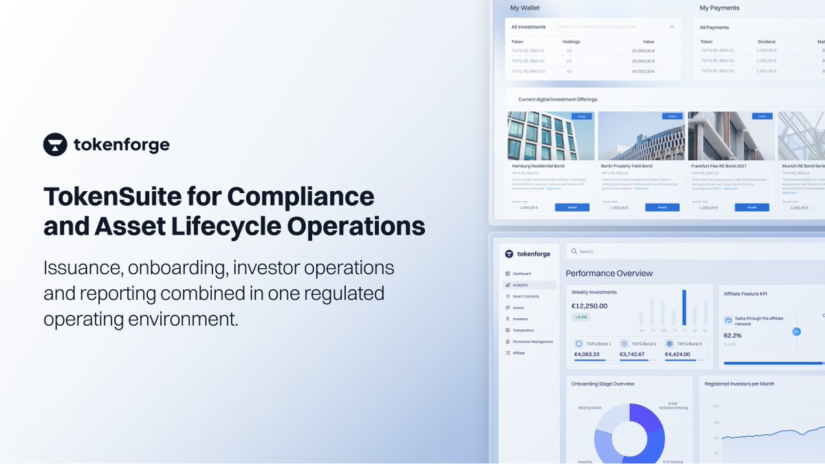 tokenforge's tweet image. TokenSuite: Operational Infrastructure for Regulated Digital Assets

TokenSuite provides a unified operating layer for compliant digital asset lifecycle management, including issuance, KYC/AML onboarding, investor operations, payout automation, permission controls, reporting and…