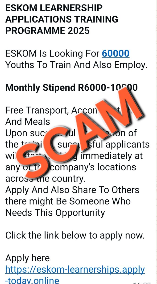 #SCAMALERT

Eskom is aware of a fake learnership scam circulating once again . These offers are NOT endorsed by Eskom.

Always verify opportunities at eskomcareers.ci.hr/applicant/inde…? 

Report scams to the Eskom Crime Line on 0800 11 27 22.  

#EskomLearnerships #StaySafe