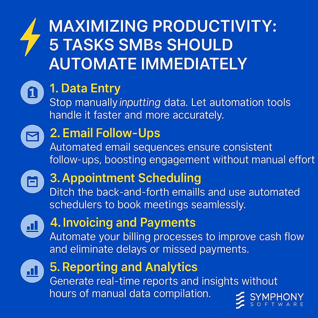 symphonysoftusa's tweet photo. ⚡ Feeling buried in busywork?
Automate these 5 tasks today:
1️⃣ Data entry
2️⃣ Email follow-ups
3️⃣ Scheduling
4️⃣ Invoicing
5️⃣ Reporting
Save time. Boost productivity. Focus on growth. 🚀
Let’s talk automation → https://t.co/LSBOhlZXdb
#Automation #SMBProductivity #MilwaukeeTech https://t.co/UV7xSt7ua3