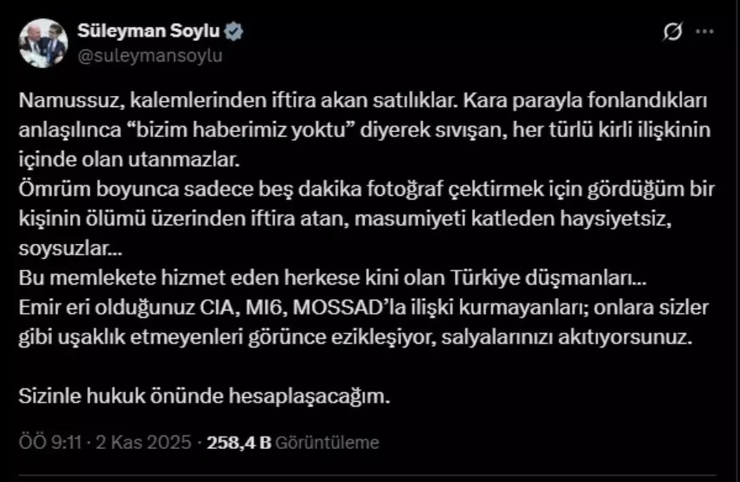 mynet's tweet image. Milyonlarca dolarlık vurgun sonrası hakkında 11 bin 190 yıl 6 ay hapsi istenen Thodex&apos;in kurucusu Faruk Fatih Özer, cezaevindeki odasında asılı halde bulunmuştu

Özer&apos;in ölümü sonrası eski İçişleri Bakanı Süleyman Soylu&apos;dan gelen paylaşım ise gündem oldu

Kendisine iftira…