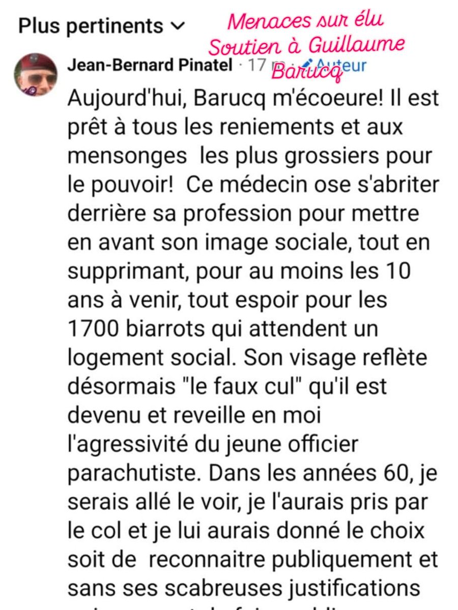 CorineMartineau's tweet image. #Agression d’#élu 

 Tout mon soutien à mon collègue @GuillaumeBarucq qui vient d’être agressé et menacé dans un post par Monsieur @jbpinatel Pinatel, mari de l’adjointe à la culture un des principaux soutiens de la maire @BtzMaider Maïder Arosteguy.
#Municipales2026 
#Biarritz