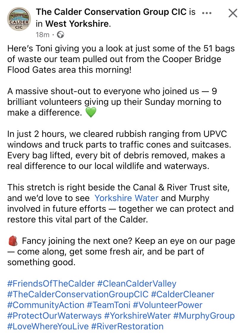 ToniHol60291685's tweet image. Out with @ccgcic this morning for a couple of hours. Amazing results. #CooperBridgeFloodGates @YorkshireWater @CanalRiverTrust @CMBC_CPT #Flytipping #GeneralWaste #DriverTizer @BBCLeeds #MakeADifference