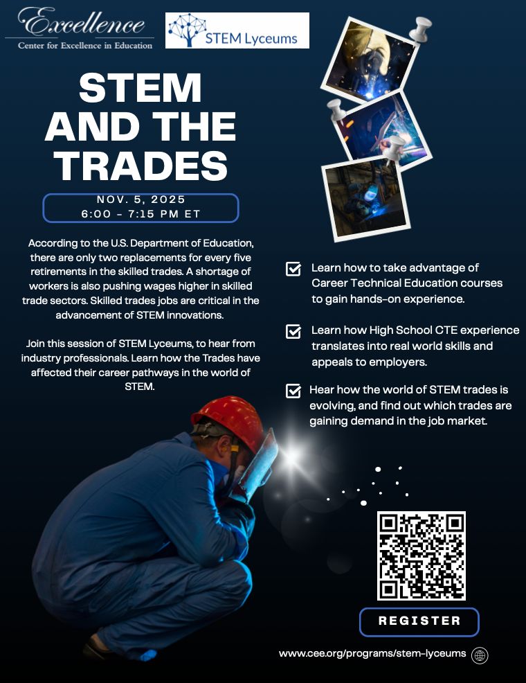 weteachcs's tweet image. A shortage of workers is pushing wages higher in skilled trade sectors. The Center for Excellence in Education will host a cost-free Zoom session for high school students on November 5. Join to hear from industry professionals!

Learn more: buff.ly/QWG5l9e