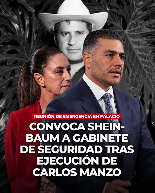 Formal portrait of a man wearing a white cowboy hat positioned above two individuals a woman with long dark hair in a red outfit and a man in a blue suit with tie both facing forward against a dark leafy background overlaid with bold white text reading Reunion de Emergencia en Palacio Convoca Sheinbaum a Gabinete de Seguridad tras ejecucion de Carlos Manzo.