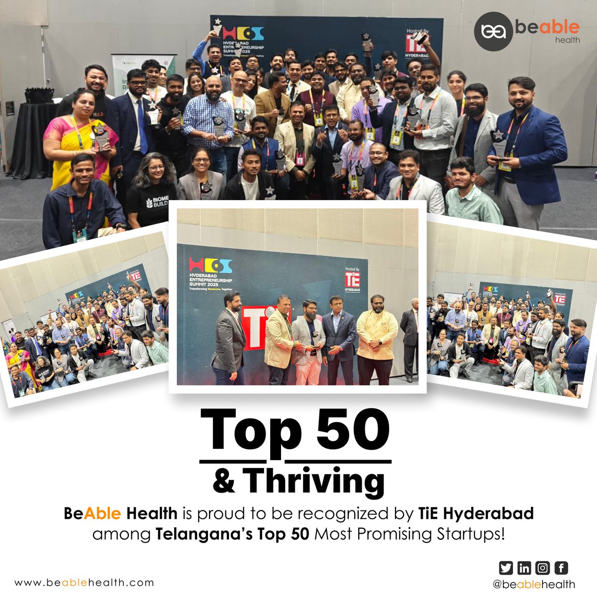 Big milestone for BeAble Health! 🎉
We made it to <a href="/TiEHyderabad/">TiE Hyderabad</a>  #TiE50 — Telangana’s Top 50 Most Promising Startups!

Grateful for the recognition &amp; excited to connect with innovators at #HES2025.
Let’s grow, learn &amp; scale together! 🌍💪 

Check to know more: <a href="/BeAble/">Beable</a> Health
