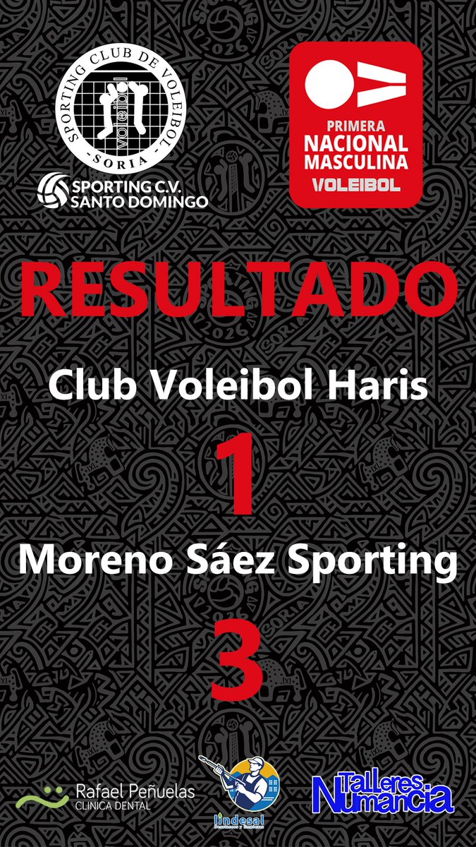 🚨🚨 VICTORIA (OTRA) 🚨🚨
🏆 Primera División Masculina
🏐 Jornada 5
➡️ Club Voleibol Haris 1️⃣ - Moreno Sáez Sporting  3️⃣

@clinicarafaelpenuelas @talleresnumancia @cantera_haris #SportingSantoDomingo #PrimeraDivisiónMasculina #Voleibol #SomosCantera #FamiliaSporting #Soria