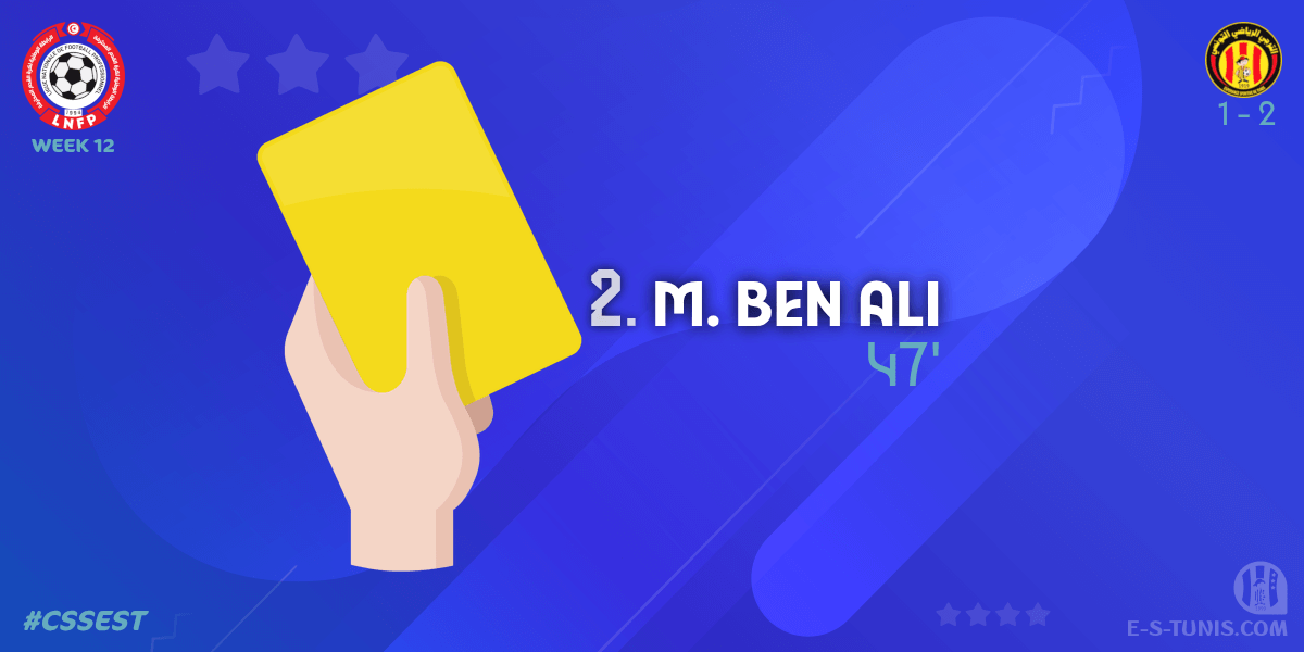 ESTuniscom's tweet photo. ⏱ 47' | #Ligue1Tn🇹🇳 Week 12 #CSSEST | #CSSfaxien 1⃣-2⃣ @ESTuniscom : 🟨 M. Ben Ali (EST) is booked / بطاقة صفراء / Carton jaune https://t.co/SisgMrCBFQ