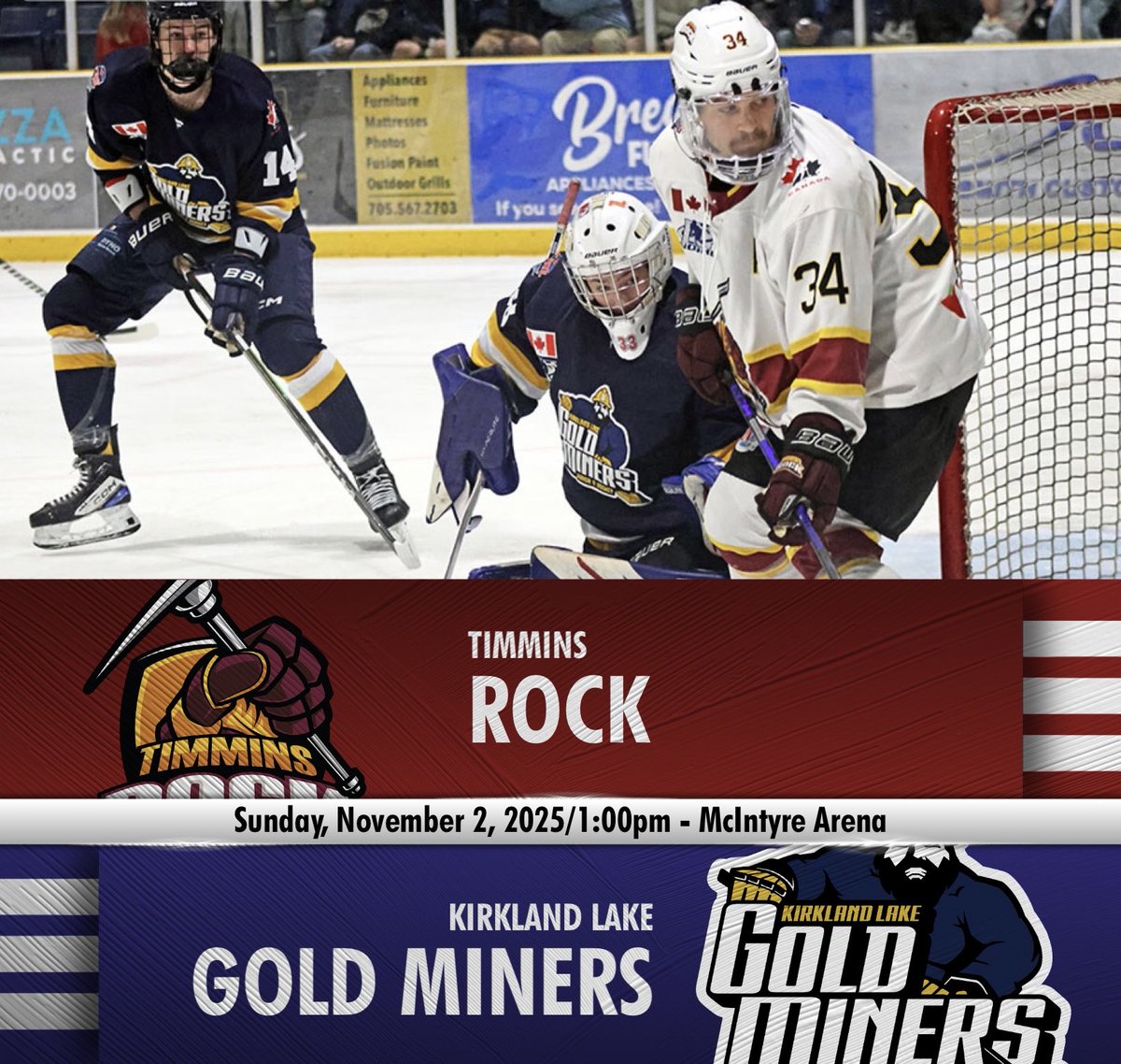 TimminsRock's tweet photo. 📣 ITS GAME DAY! 🏠
Your Timmins Rock are back in action this afternoon as they host the Kirkland Lake Gold Miners - puck drop is 1:00pm🏒
🎟️https://t.co/A2r6eVCAwx
🎙️Andrew Autio & Jason Kelly
🖥️ FloHockey
#PackTheMac #NOJHL #GoRockGo https://t.co/eOQKKKozQr