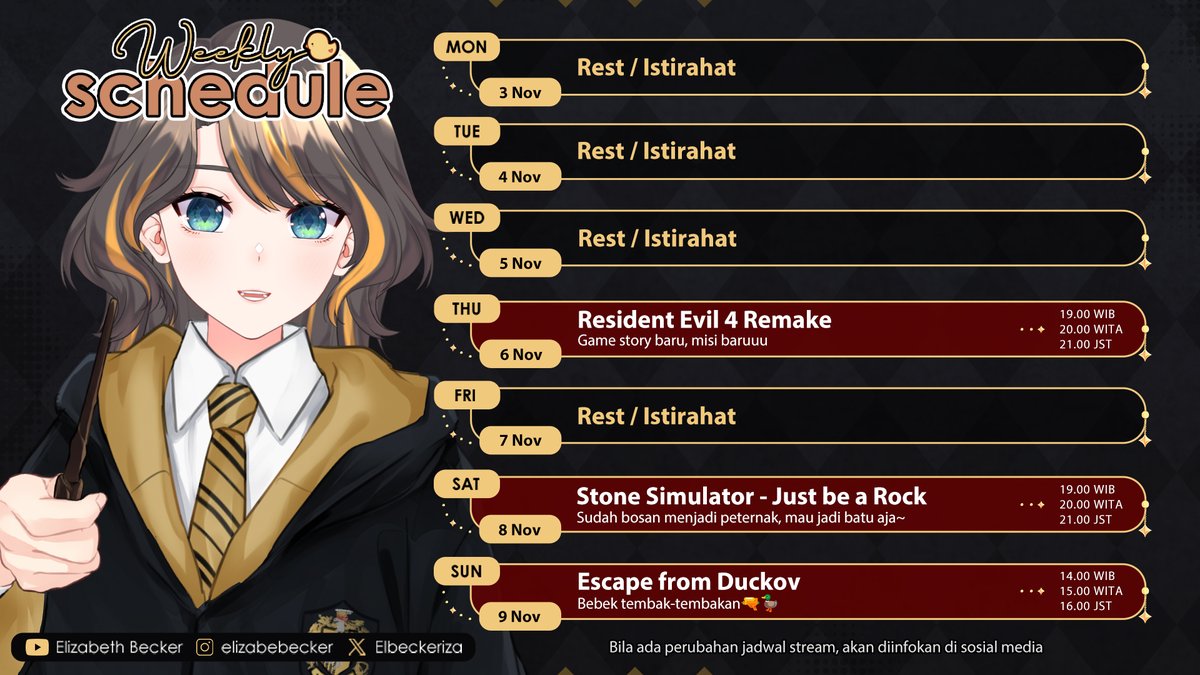Elbeckeriza's tweet image. 🦆【Weekly Schedule】🦆
₊ °✦ 3 Oktober - 9 November 2025 ✦° ₊  

 【Hashtags】 
✨Announcement - #Elinfo
✨Live - #Elive
✨Meme - #Gelitik
✨Art - #Beckarya
✨YT - youtube.com/@elizabebecker 

NB: Jadwal bisa berubah sewaktu-waktu yaa~✨

#Vtuber #VtuberID