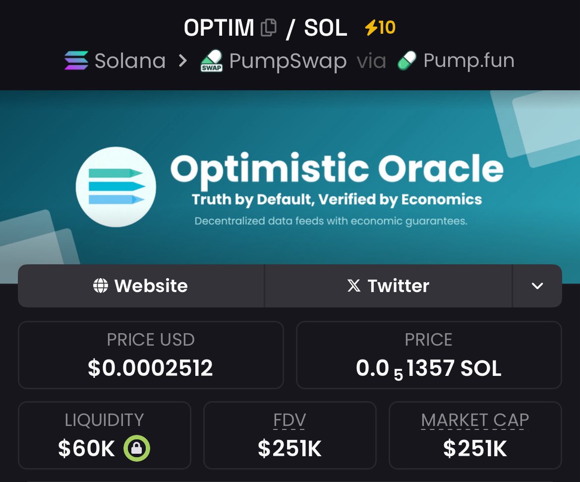 sigmavulc's tweet image. $OPTIM Thesis: Solana’s Optimistic Oracle Moonshot

In a Solana DeFi boom (TVL &amp;gt;$10B, 40M+ tx/day), oracles are the missing link for AI/RWA data.

 $OPTIM fills it with sub-sec finality, 200x cheaper queries, &amp;amp; economic bonds for “truth by default.” Early GitHub dev + PayAI…