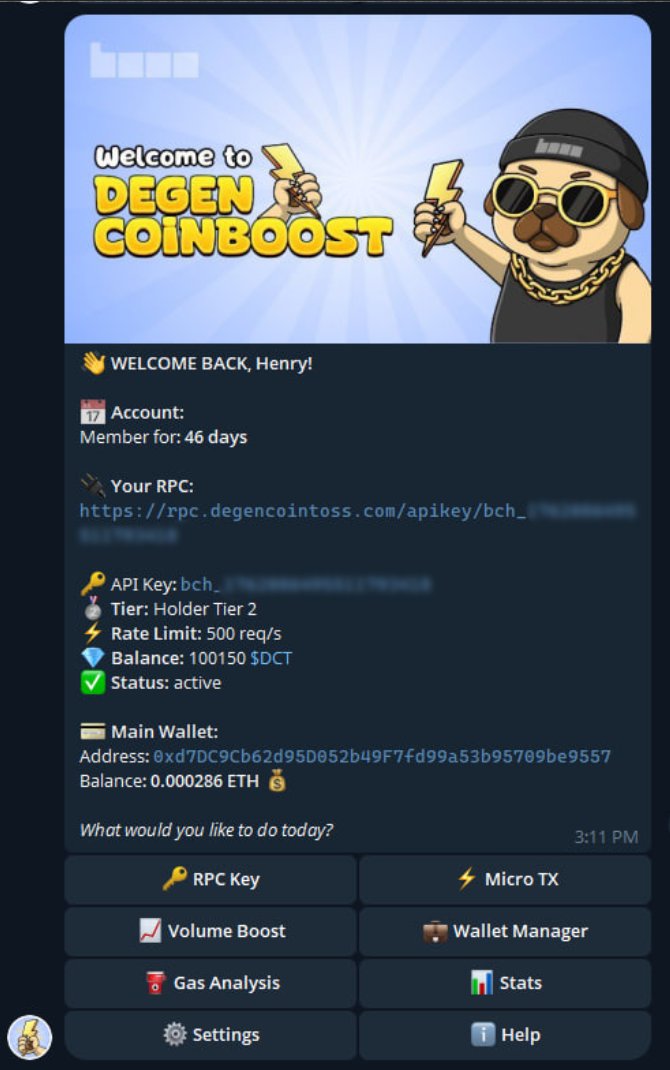 DegenCoinToss's tweet photo. 📢 MAJOR UPDATE: DegenCoinToss RPC Launch Coming Soon! 📢

Our high-performance RPC infrastructure is nearly ready for community launch! 

🎯 How It Works:

1️⃣ Access the Bot
   → Start with https://t.co/LfcsyQkbNE

2️⃣ Auto Setup
   → Wallet automatically generated
   → RPC API Key instantly created

3️⃣ Load Your Wallet
   → Send DCT tokens to your wallet
   → Rate limit increases based on balance

4️⃣ Use Freely
   → As long as you hold DCT = unlimited RPC access!

💰 Tier System:

🟢 Tier 0 (0 DCT)
   • 10 req/s

🟡 Tier1 (100+ DCT)
   • 100 req/s

🟠 Tier 2 (100,000+ DCT)
   • 500 req/s

🔴 Tier 3 (1,000,000+ DCT)
   • 2,000 req/s

⚙️ Current Status:

✅ RPC Server: Production Ready
✅ Rate Limiting: Active & Optimized
✅ Cloudflare Protection: Enabled
✅ Archive Node Sync: ~16,000,000 blocks

⏳ ETA: ~48 Hours

🔓 Ready to test?
👉 https://t.co/LfcsyQkbNE to start