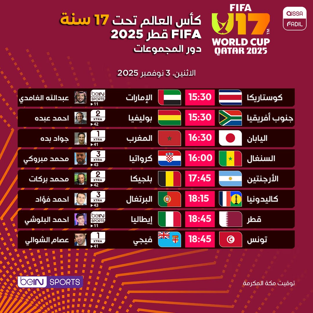 aissa_fadil's tweet image. 🗓️ جدول مباريات الجولة الاولى من كأس العالم تحت 17 سنة FIFA قطر 2025™

#كأس_العالم_تحت_17_سنة
#FIFAWordcup2025 | #FIFA17