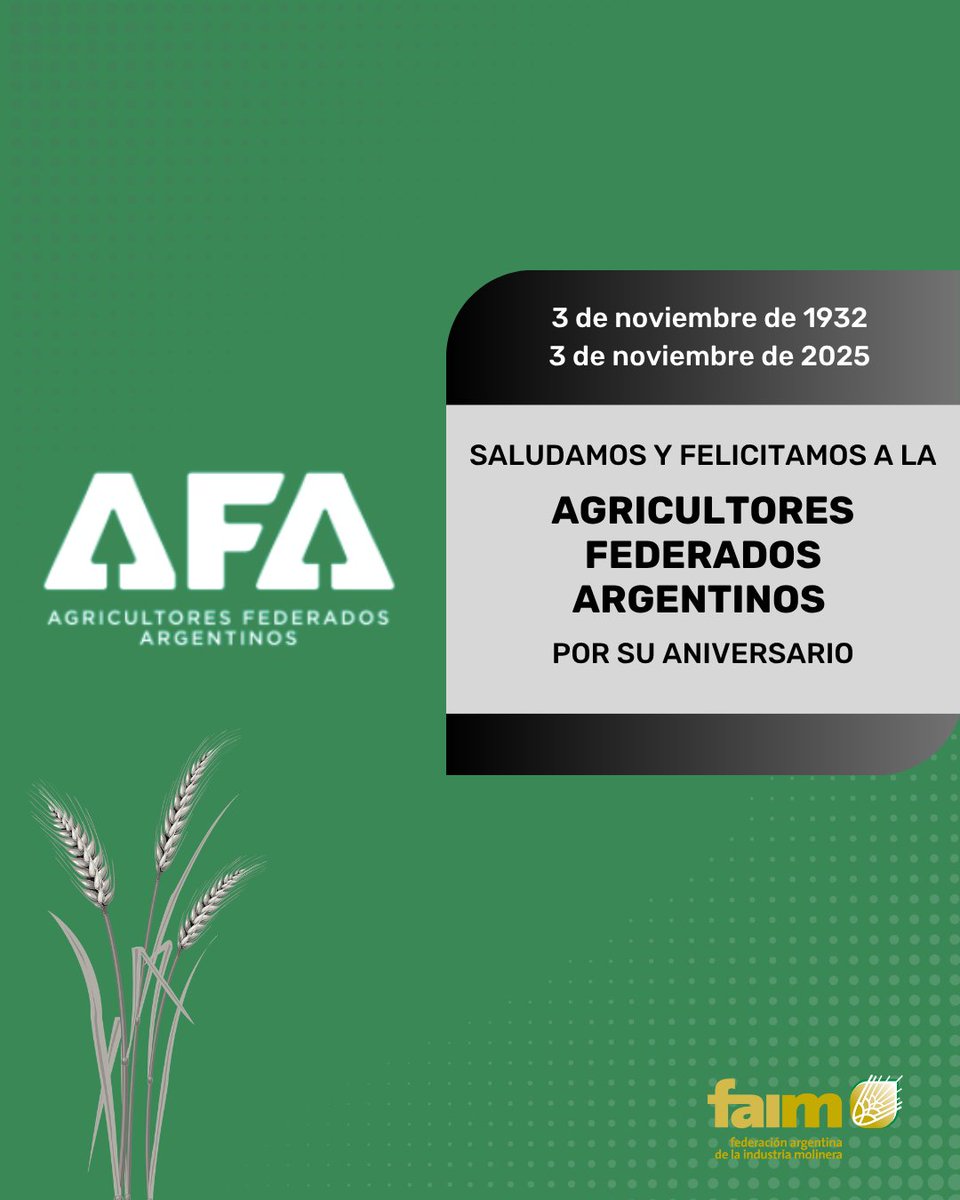 FaimMolineros's tweet image. 🗓️Desde #FAIM saludamos a @AFASCL por estos 93 años acompañando y apoyando a los productores y al campo. ¡Felicidades! 👏👏#AgricultoresFederadosArgentinos #aniversario #agricultores #agricultura #cooperativa