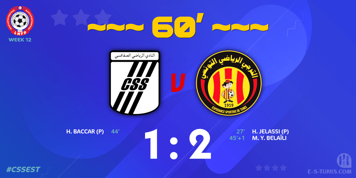 ESTuniscom's tweet photo. ⏱ 60' | #Ligue1Tn🇹🇳 Week 12 #CSSEST | #CSSfaxien 1⃣-2⃣ @ESTuniscom : Score reminder / تذكير بالنتيجة / Rappel du score https://t.co/xcCVmo2Xon