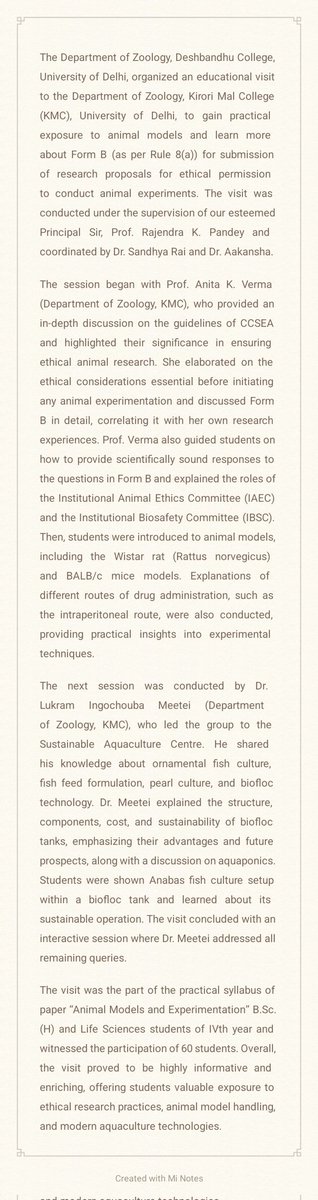 The Department of Zoology,organized an educational visit to the Department of Zoology,#Kirori_Mal_College, to gain practical exposure to animal models and learn more about Form B  for submission of research proposals for ethical permission to conduct animal experiments... 🔃
