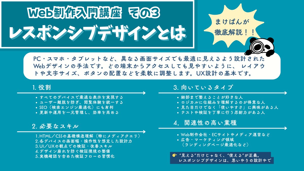 mkt_panda26's tweet image. 💻 レスポンシブデザインとは？【Web制作講座③】

「スマホでもPCでも見やすくする」だけじゃない！
使いやすさまで設計するのが本当のWebデザイン💡

UXの基本を学べば制作の幅が一気に広がる✨

#Web制作 #レスポンシブデザイン #Webデザイン初心者 #UX設計 #保存推奨