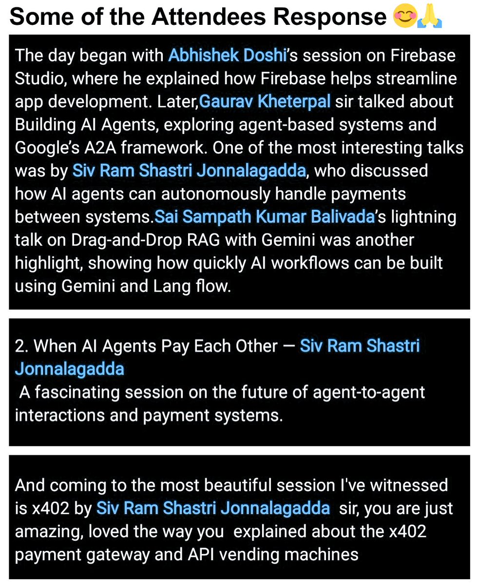 Had an incredible time speaking at <a href="/GDGVizag/">GDG Vizag</a> DevFest ✨

Explored how x402 is reviving the web’s missing payment layer &amp; powering the future of AI-driven commerce.

Loved the energy &amp; curiosity from the attendees. Sharing some of their reactions below!

#GDG #DevFest #AI #x402