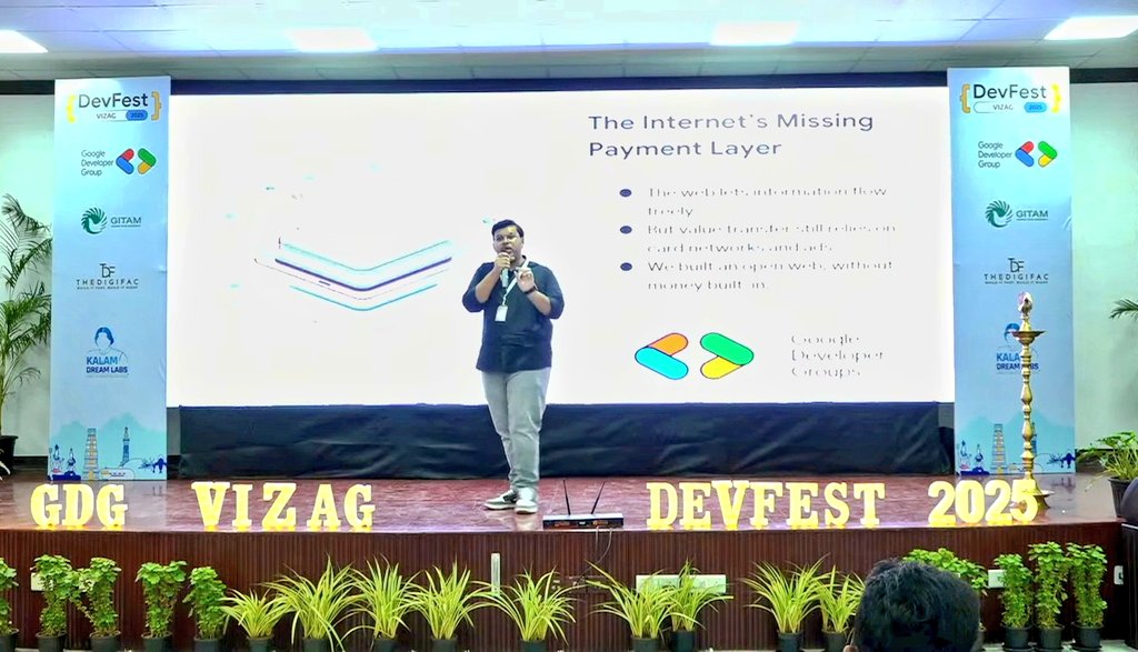 sivramshastri's tweet photo. Had an incredible time speaking at @GDGVizag DevFest ✨

Explored how x402 is reviving the web’s missing payment layer &amp; powering the future of AI-driven commerce.

Loved the energy &amp; curiosity from the attendees. Sharing some of their reactions below!

#GDG #DevFest #AI #x402 https://t.co/WL0QTwgyQ9