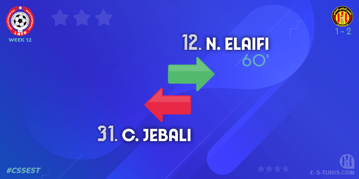 ESTuniscom's tweet photo. ⏱ 60' | #Ligue1Tn🇹🇳 Week 12 #CSSEST | #CSSfaxien 1⃣-2⃣ @ESTuniscom : 🔁 Substitute : N. Elaifi IN, C. Jebali OUT (EST) / تغيير / Changement https://t.co/vPnb6GFz7u