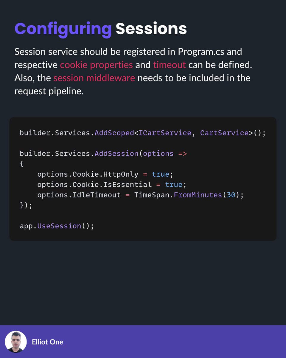 elliot1one's tweet image. Using sessions helps:

1. Build shopping carts
2. Track authentication
3. Customize user experiences
4. Monitor activity

Setup is simple in .NET: AddSession() + UseSession().

Keep sessions light, secure, and scalable with Redis or SQL Server.

#dotnet #codingtips #tech #csharp