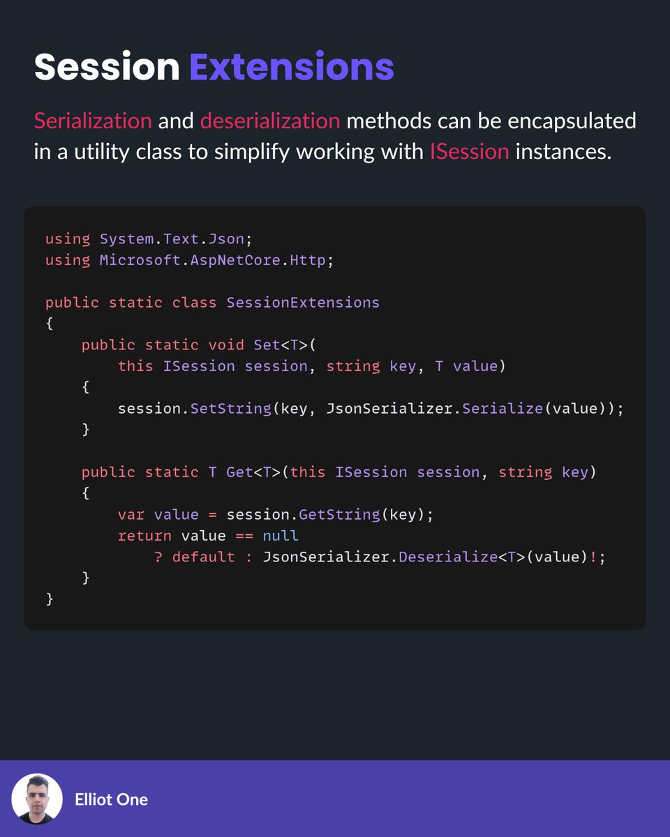 elliot1one's tweet image. Using sessions helps:

1. Build shopping carts
2. Track authentication
3. Customize user experiences
4. Monitor activity

Setup is simple in .NET: AddSession() + UseSession().

Keep sessions light, secure, and scalable with Redis or SQL Server.

#dotnet #codingtips #tech #csharp