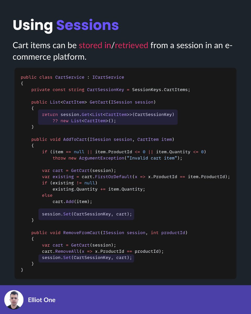 elliot1one's tweet image. Using sessions helps:

1. Build shopping carts
2. Track authentication
3. Customize user experiences
4. Monitor activity

Setup is simple in .NET: AddSession() + UseSession().

Keep sessions light, secure, and scalable with Redis or SQL Server.

#dotnet #codingtips #tech #csharp