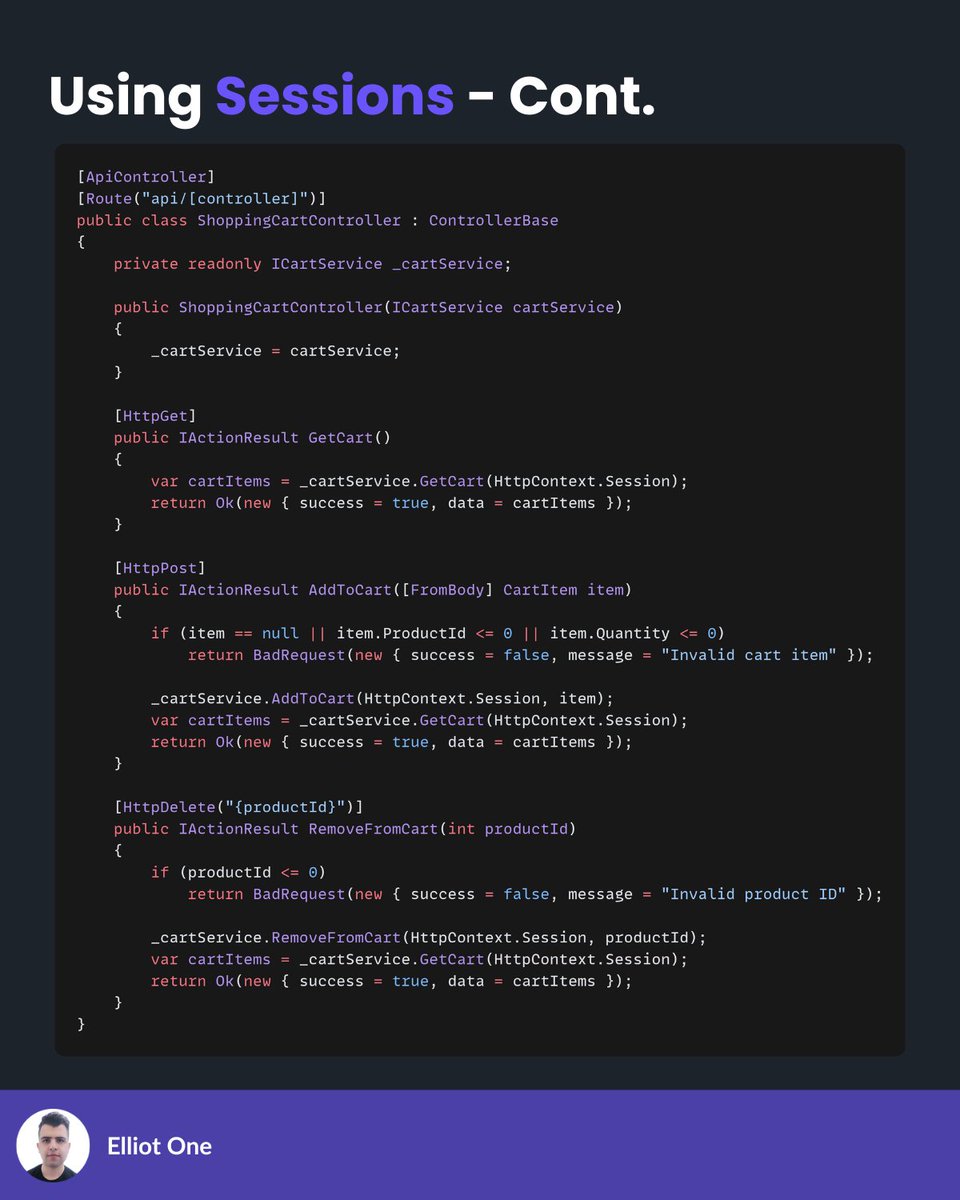 elliot1one's tweet image. Using sessions helps:

1. Build shopping carts
2. Track authentication
3. Customize user experiences
4. Monitor activity

Setup is simple in .NET: AddSession() + UseSession().

Keep sessions light, secure, and scalable with Redis or SQL Server.

#dotnet #codingtips #tech #csharp