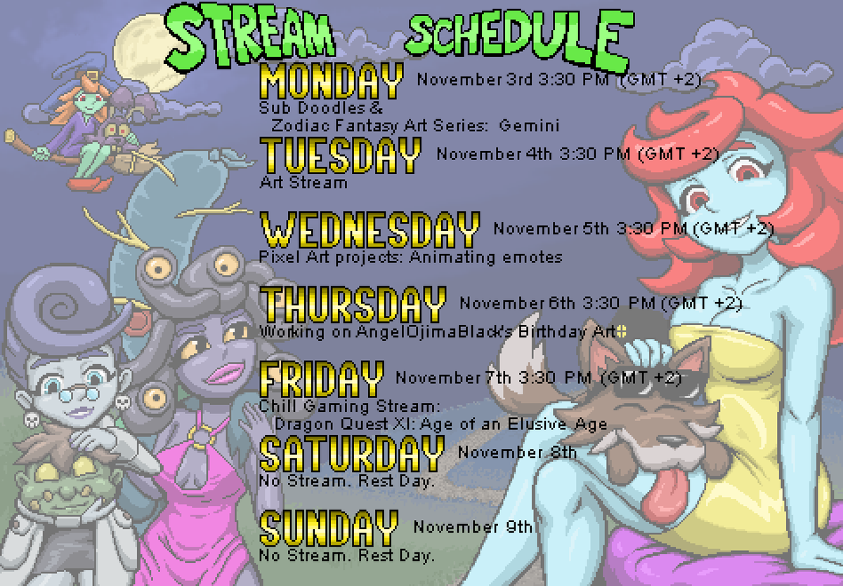 My streaming schedule for week 45. Inktober is over and I'm back to my normal operations! #Twitch #streaming #schedule