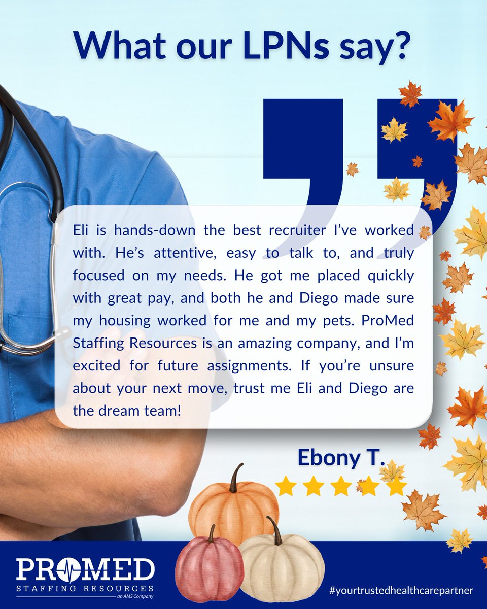 promed_staffing's tweet image. Thank you so much for your kind words, Ebony, and for sharing your #experience with ProMed Staffing Resources. We’re thrilled to hear that Eli and Diego provided the support and care you needed throughout your #assignment.

 #googlereview #promedsr #alliedhealth #alliedclinician