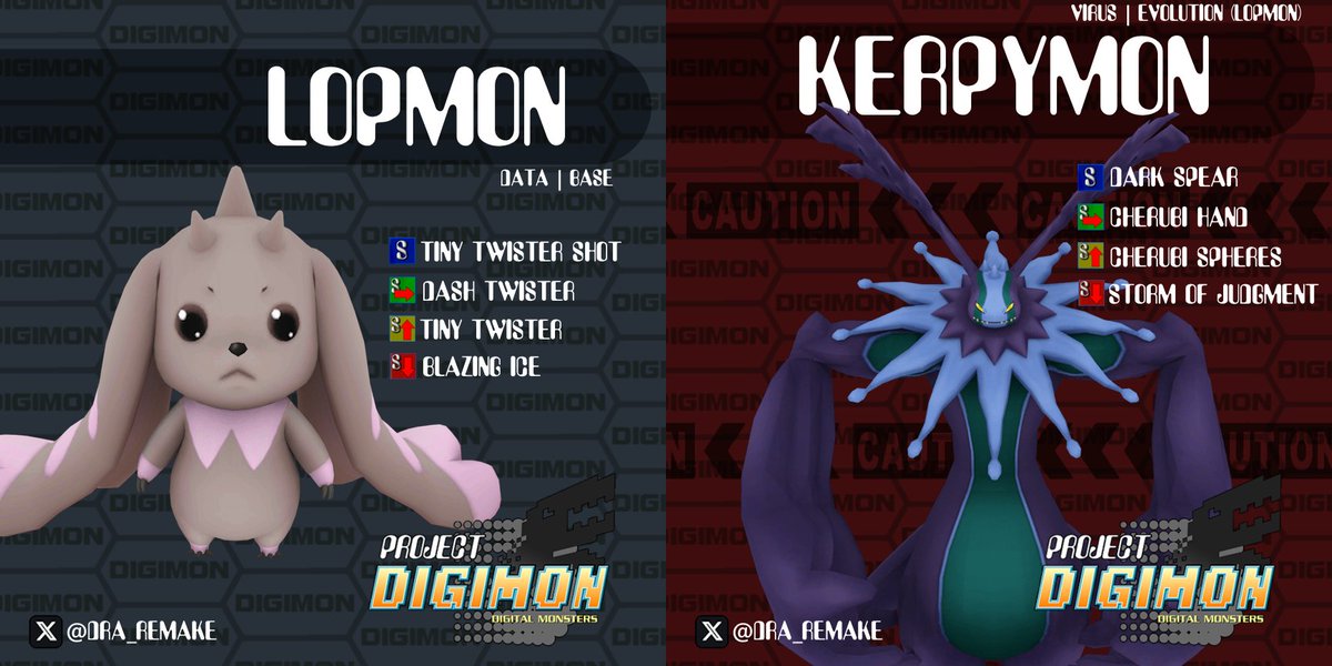 DRA_Remake's tweet image. Lopmon is a coolheaded rookie that corners the enemy with ice before rushing in for damage. She evolves into the powerful boss character Kerpymon, who drags in enemies no matter where they are, striking lightning down at all foes on the map!

#projectdigimon #lopmon #Kerpymon