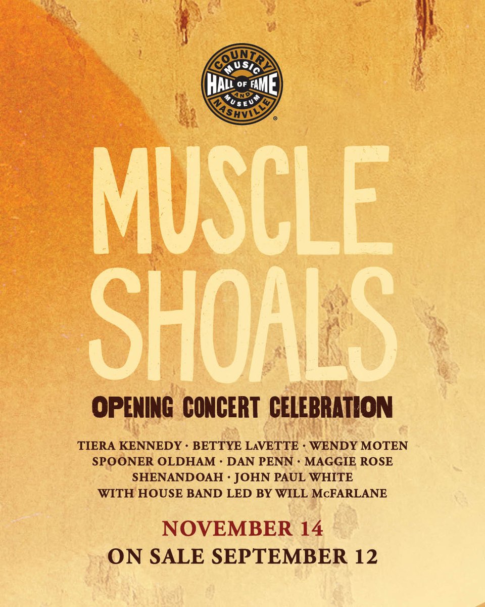 On sale now: Muscle Shoals Opening Concert Celebration at CMA Theater Nov 14, 7:30 PM CT. Celebrates exhibit 'Muscle Shoals: Low Rhythm Rising' and a sound uniting Black and white artists. With @iamMaggieRose @johnboymusic + more. @FAME_Recording_Studios @MuscleShoalsSoundStudio
