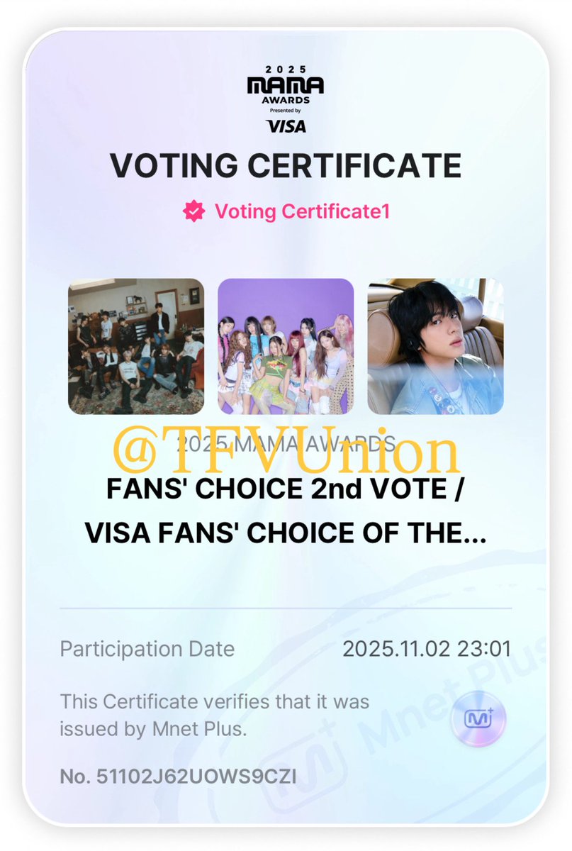 MAMA AWARDS 2025 🏆
2nd VOTING | DAY 5
 <MATCHING VOTE>

FANS’ CHOICE
✅ Female: Vote for TWICE 
✅ Male: Vote for TREASURE

VISA FANS CHOICE
✅ JIN

🎯 1000+ PROOFS ‼️

PLEASE CHECK THE ARTISTS YOU ARE VOTING FOR! 🚨

SHARE YOUR VOTING PROOFS

I vote for #TWICE at #2025MAMAVOTE