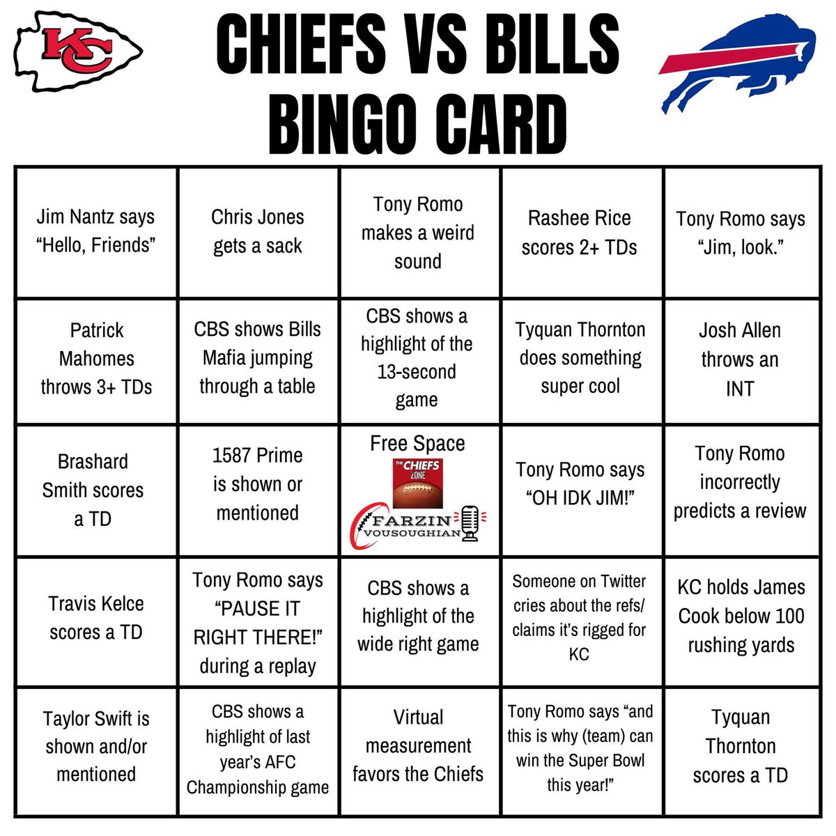 Farzin21's tweet image. Your Chiefs vs. Bills bingo card. Where do you see a bingo?!