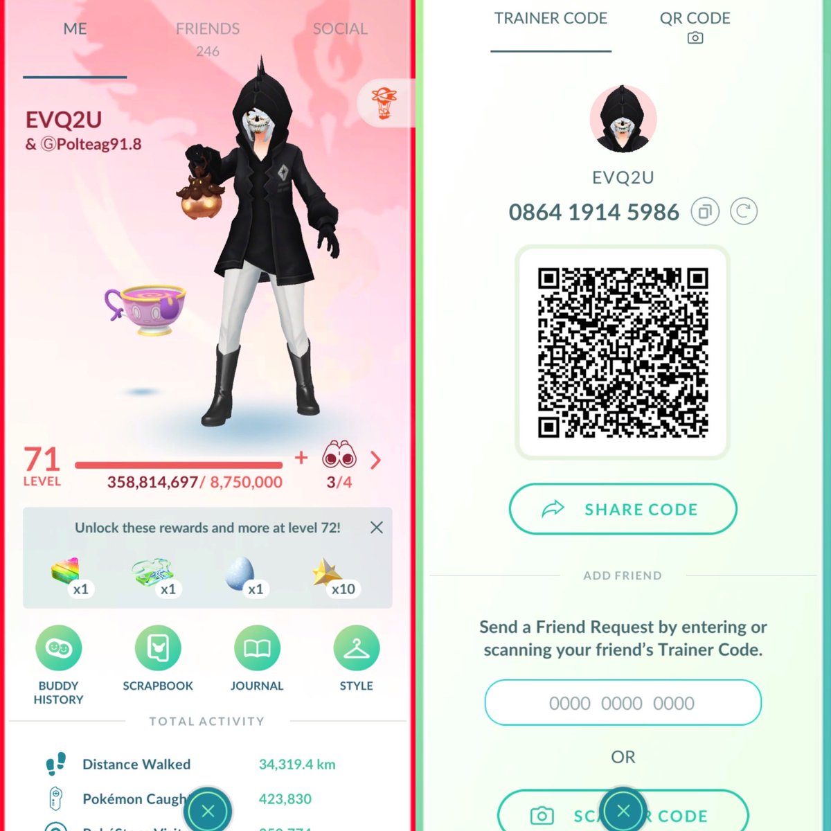 evq2u's tweet photo. Hola! Help me fill up my friends list. 2016 daily trainer. I’m not adding for leveling just yet as I’m still on 71. See you in-game. #pokémongo #pokemongo https://t.co/vKq7jacKnP