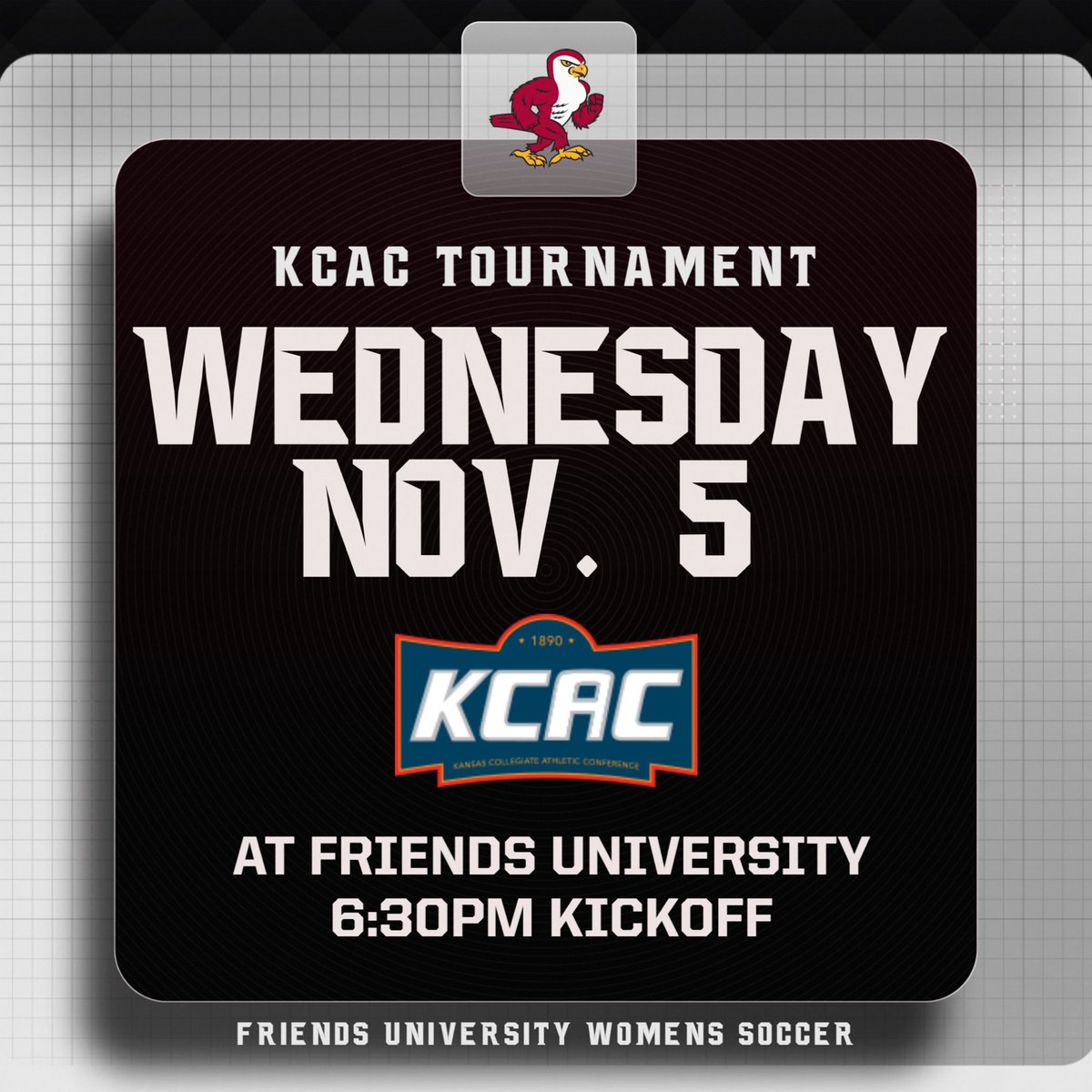 ‼️ Update the 🗓️ ‼️

Wednesday 11/5 

@friendsfalcons STUDENTS get in FREE!! 🎟️ 

⏰ 6:30pm
🏟️ Adair-Austin Stadium | Friends University 
📍 Wichita, KS
🆚 Southwestern College 
🎟️ KCAC Website $