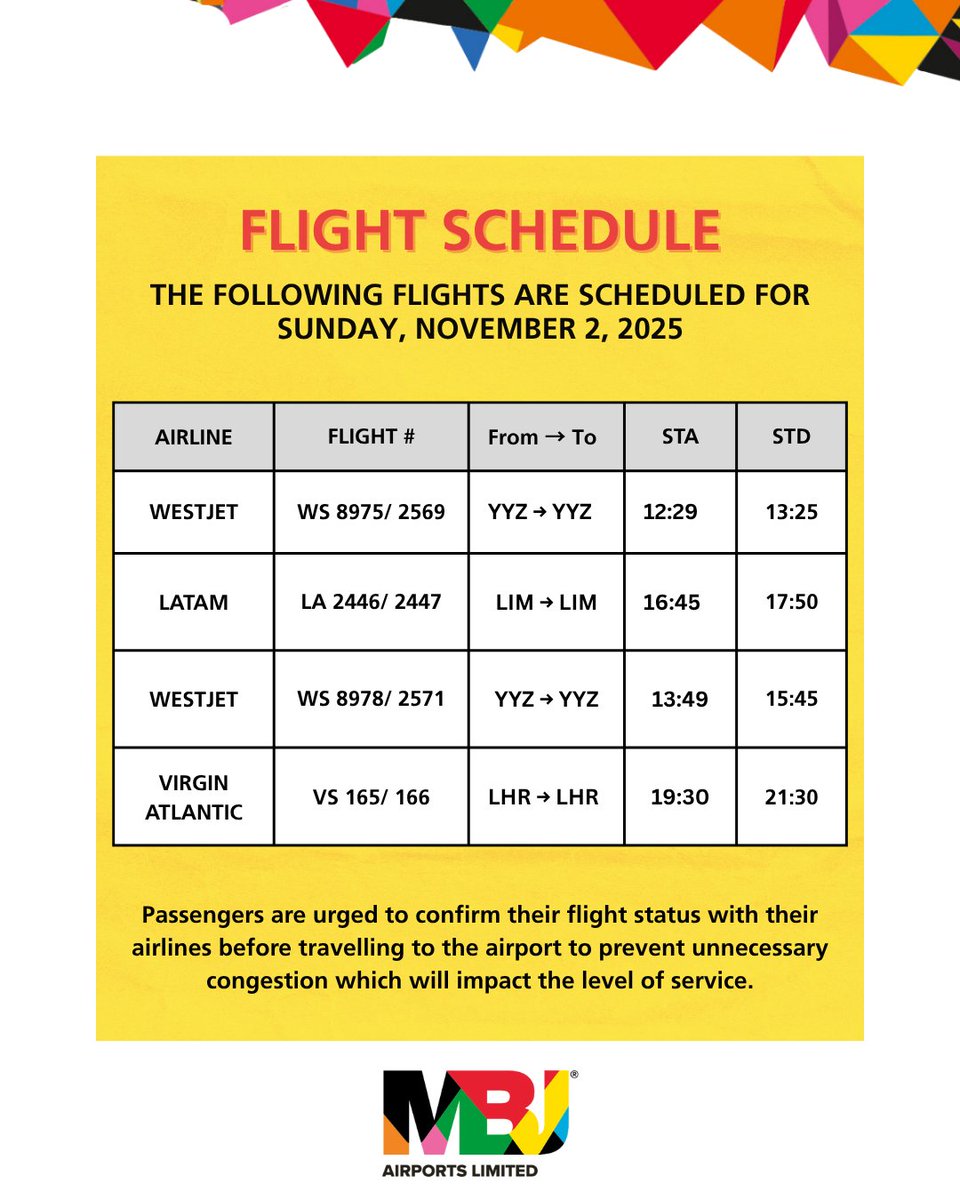 MBJAIRPORT's tweet image. MBJ Flight Schedule for Sun., Nov. 2, 2025.
Please confirm your flight with your airline before travelling. Help avoid congestion;
Hoteliers: Pls. don’t send guests without confirmed flights. ✈

#MBJAirports #SIA #FlightUpdate