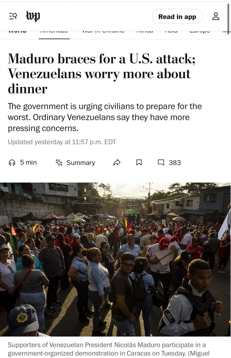 WaPo going all in here on Trump’s potential attack on Venezuela. New spin is that Venezuelans don’t really care about being bombed and invaded, if you’re wondering the “ordinary Venezuelans” cited here is a total of two people, which I guess is sufficient to determine a consensus