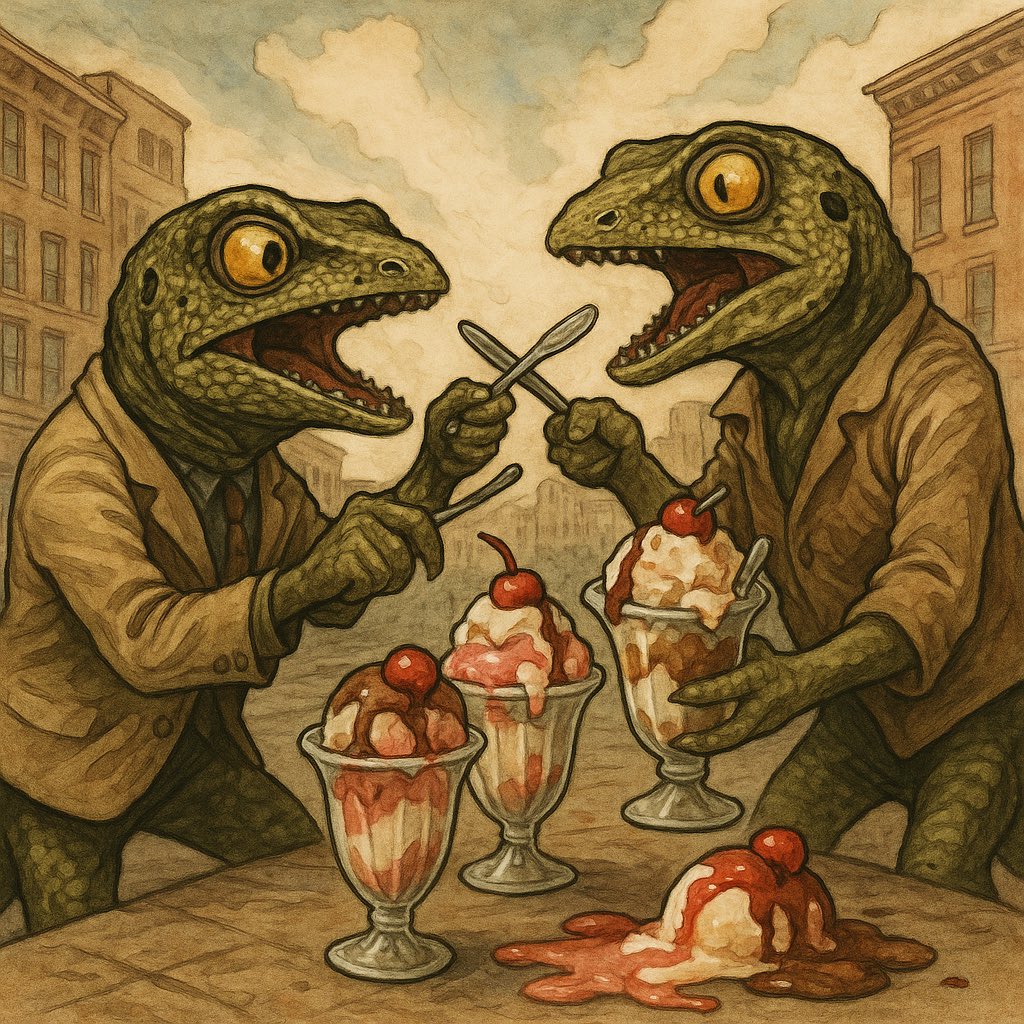 Passbee42's tweet photo. today’s forecast: 87% chance of lizards fighting over ice cream sundaes.
reminder: you cannot stop them. https://t.co/YsTwnkiHKF
