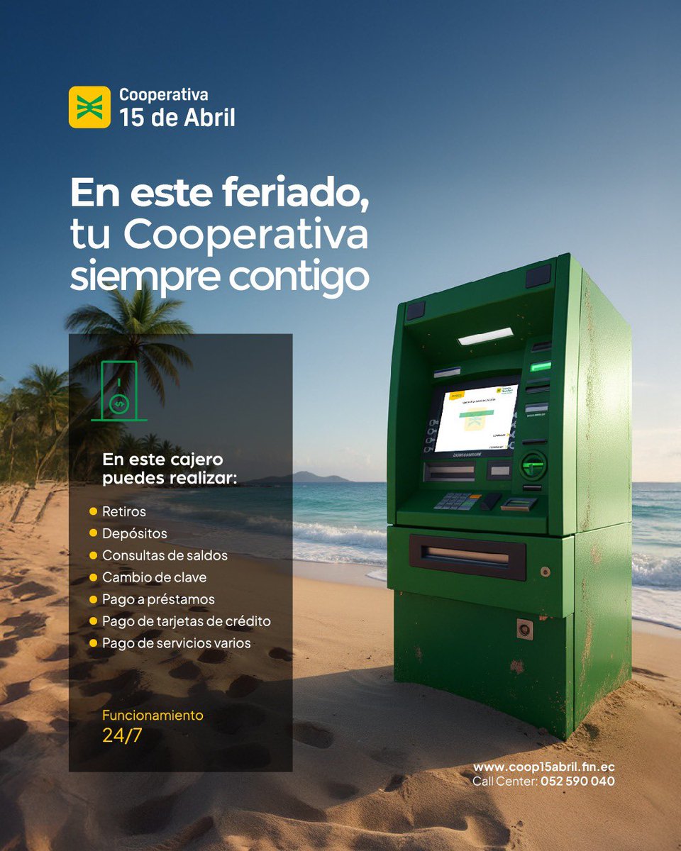 💚 En este feriado, no te quedes sin cumplir con tus obligaciones ni sin hacer uso de efectivo.
Encuentra nuestros cajeros automáticos en diferentes puntos de la ciudad y de la provincia. 🏖️💳

#Cooperativa15DeAbril #FeriadoSeguro #TuCooperativa #SiempreContigo #Cajeros15DeAbril