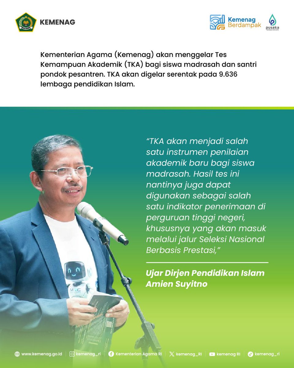 Kemenag_RI's tweet photo. TKA 2025 MULAI BESOK! ๐ข
Tes Kemampuan Akademik (TKA) digelar serentak di 9.636 lembaga pendidikan Islam. TKA ini instrumen penting untuk penerimaan ke perguruan tinggi negeri. Cek jadwal MA/MAK & Pesantren segera!#Kemenag #TKA2025 #Madrasah #UjianSerentak #SNBP #PendidikanIslam https://t.co/hDsNISvmNW