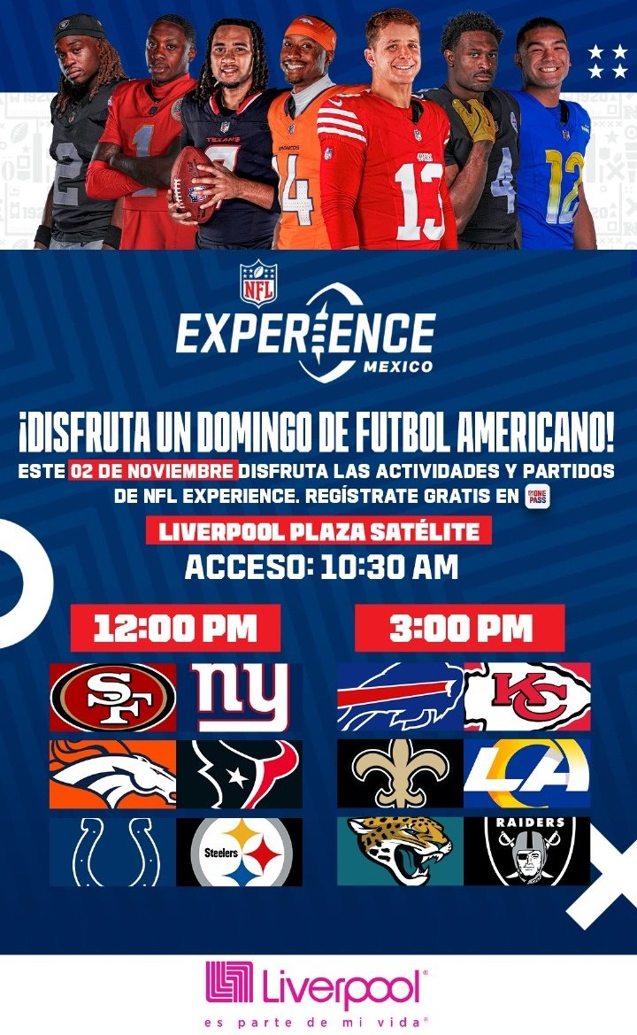 nflgirlsmx's tweet photo. #NFLovers! La NFL México te invita a vivir la #NFLExperience en Liverpool de Plaza Satélite, este 02 de noviembre.
Disfruta en familia de actividades, conoce a las porristas de los #FTTB quédate a ver los partidos y las ofrendas de los equipos.
Regístrate en la app NFL One Pass https://t.co/yTEzTmNUir