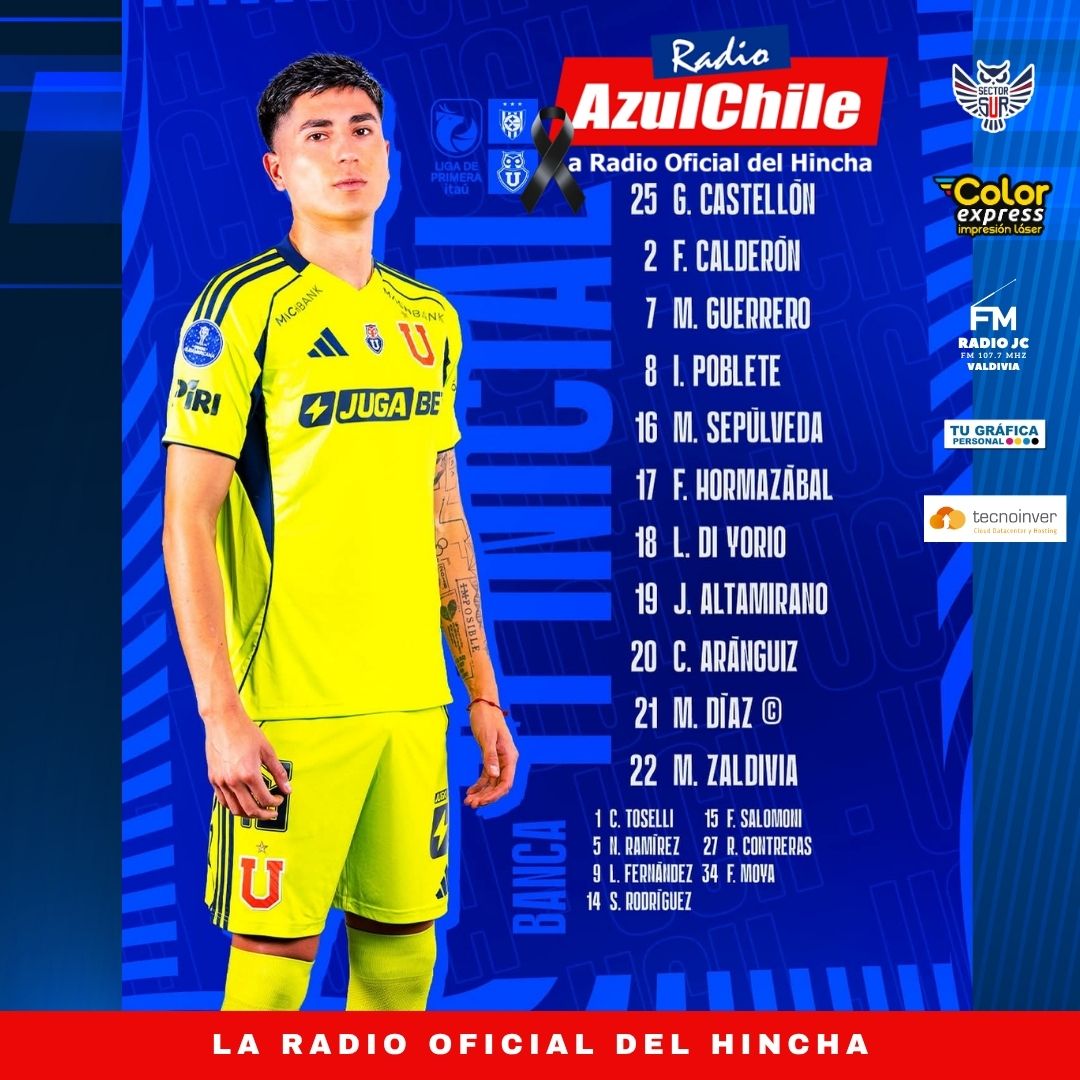 ¡LA ONCENA AZUL!

Estos son los jugadores elegidos por el director técnico Gustavo Álvarez, para enfrentar a Huachipato FC, desde las 12:30hrs, encuentro válido por la vigesimosexta fecha de la Liga de Primera 2025.

Puedes seguir toda la actualidad de la Universidad de Chile a