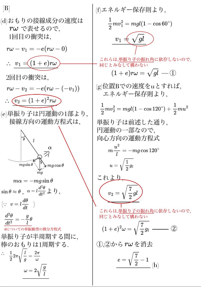 physi_exercise's tweet image. 解答解説です。
単振り子の公式は、
導出と暗記の両方を身につけましょう。