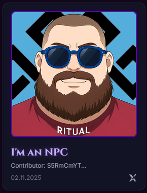 ZygDen's tweet photo. π―οΈ gRitual! @ritualnet @ritualfnd
π§ I just joined the Ritual Album β "I'm an NPC"!
Where all community albums shine together β¨
Try it now π https://t.co/7DXvOuC6eV #RitualNet #RitualFND #RitualArchive https://t.co/Zh8vfDkwEB