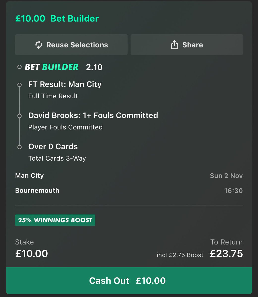 BarneyBets's tweet image. 🏆 Premier League Bet Builder 

💸 Here’s my bet builder for Man City vs Bournemouth

- Man City Win
- David Brooks 1+ foul
- 1+ card in the game

📈 £10 returns £23.75!

LIKE ❤️ if you’re getting on this with me!