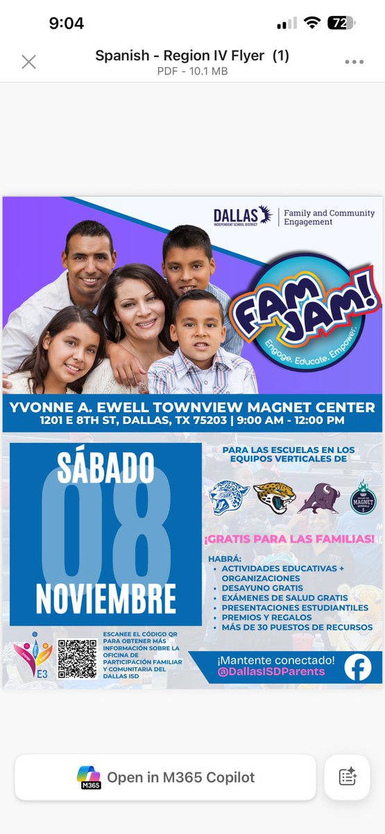 Fam Jam is coming to Townview! 😲 Saturday, Nov. 8, 2025 @ 9 am - The Adamson, Molina, Sunset vertical teams and all the Magnets and Montessori schools will be there. Don’t miss the free resources, food, fun, music, performances, giveaways, and prizes. Let’s go, Region 4! 🙌🏼